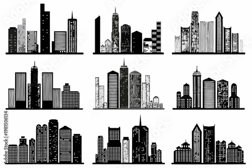 Stylized black and white cityscape collection showcasing modern architectural designs