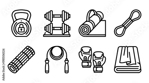 Fitness equipment line art set illustrating exercise and wellness