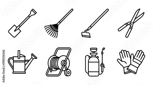 Garden tools collection illustration set line art style isolated white background