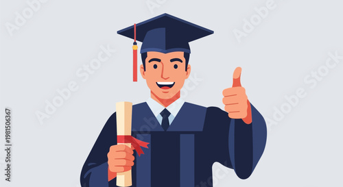 Happy Male Graduate with Diploma and Thumbs Up Gesture.