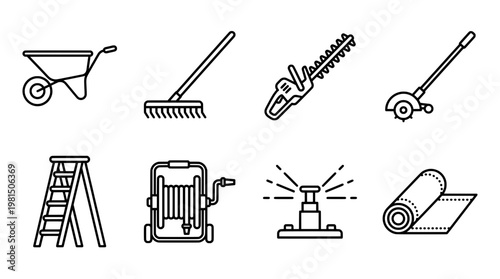 Garden tools set icon illustration wheelbarrow rake hedge trimmer ladder