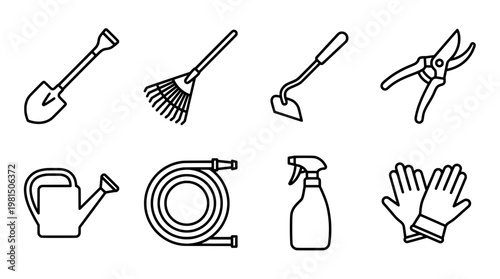 Garden tools outlined shovel rake hoe shears watering can hose sprayer gloves