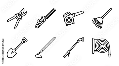 Garden tools set icons illustration shovel rake shears hedge trimmer