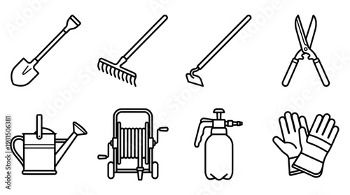 Garden tools set illustration shovel rake hoe scissors watering can hose sprayer gloves