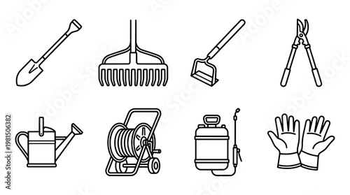 Garden tools set illustration shovel rake hoe pruning shears and sprayer