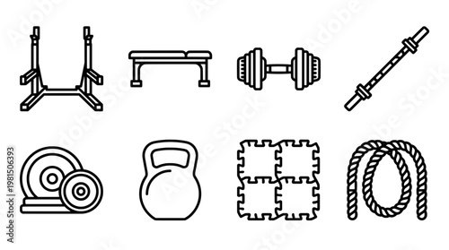 Gym equipment icon set barbell dumbbell weight plates kettlebell bench press