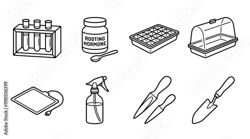 Gardening tools and supplies line art vector illustrations