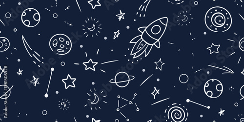 Whimsical space pattern featuring rockets planets stars and celestial bodies