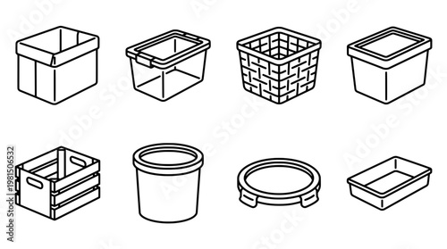 Isometric view of various containers for storage and organization in black and white