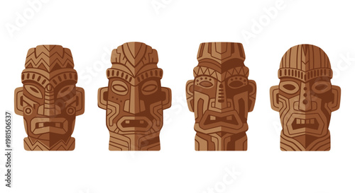 Four Tribal Tiki Masks, Polynesian Culture, Wooden Carvings, Tropical Island Decor
