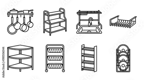 Kitchen utensil icons set pots pans shelves sinks and dish racks