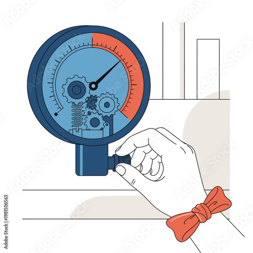 Close-up of a hand adjusting a pressure gauge with intricate gears.