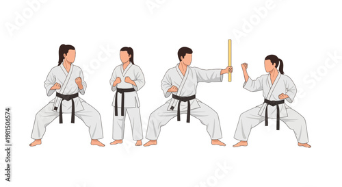 Karate practitioners in white gi perform martial arts stances, one holding a bo staff.