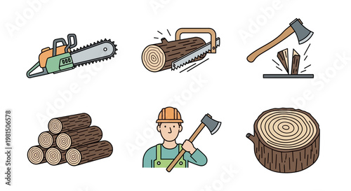 Lumberjack Tools and Wood Icons: Chainsaw, Axe, Logs, Woodcutter, Stump