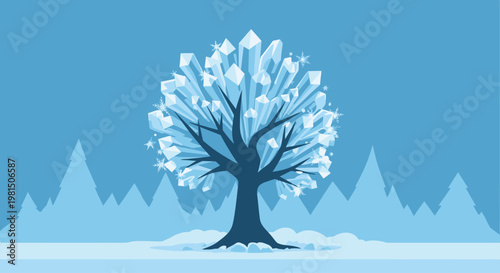 Magical Ice Tree with Crystals and Snowflakes on Snowy Landscape Background