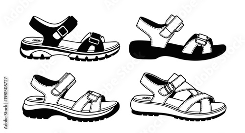 Set of four black and white line drawings of women's casual sandals