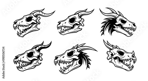 Set of Six Dragon Skulls, Fantasy Creature Heads, Tattoo Design Elements, Black and White
