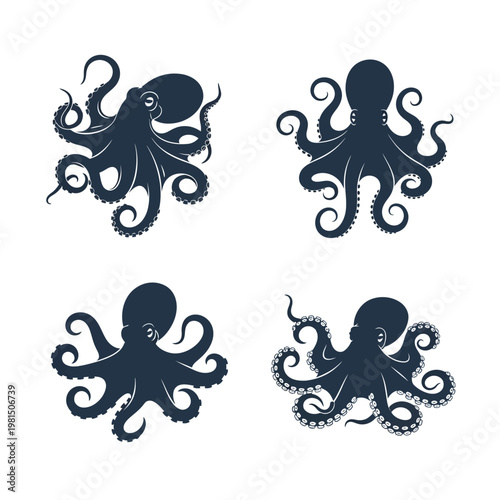 Set of Four Dark Blue Octopus Silhouettes on White Background