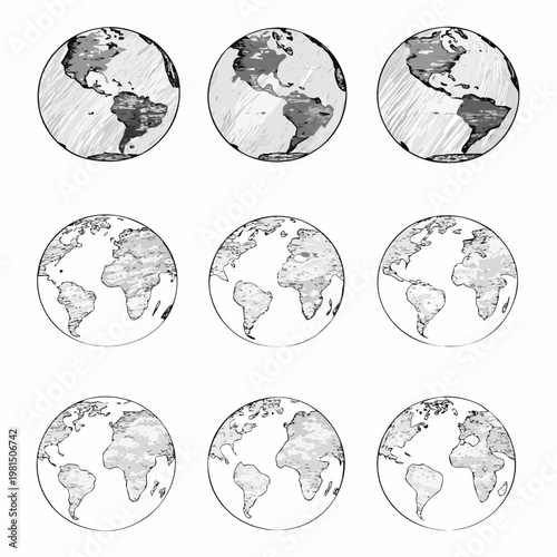 Bilde på lerret Nine circular illustrations depicting the continents of earth in grayscale