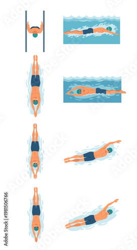 Swimming strokes and techniques illustration: front crawl, backstroke, butterfly, breaststroke