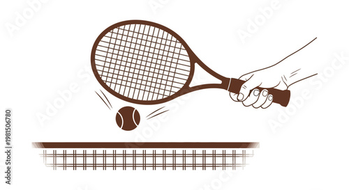 Tennis player hitting ball over net, close-up action shot, vintage illustration style
