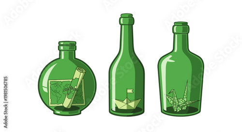 Three green glass bottles with messages and origami inside, symbolizing adventure and hope.
