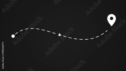 Animated dashed route line leading to map pin location on dark background. White navigation path with arrow and destination marker. Minimal travel and map concept. GPS and logistics icon design.