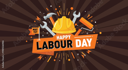 Construction tools and hard hat with Happy Labour Day text in celebratory bright lighting for holiday greeting.