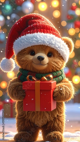 A brown teddy bear in a Santa hat holding a gift