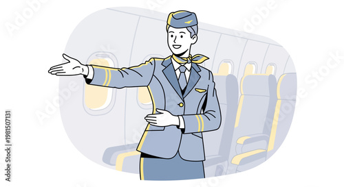 Flight attendant gesturing in airplane cabin.