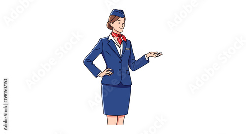 Friendly female flight attendant in blue uniform.