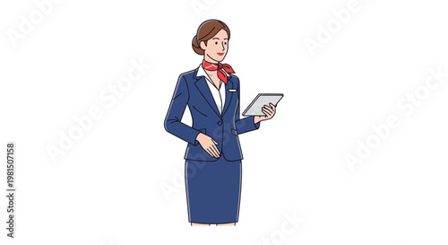 Professional female flight attendant holding tablet.