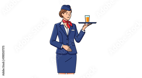 Friendly flight attendant serving drink.