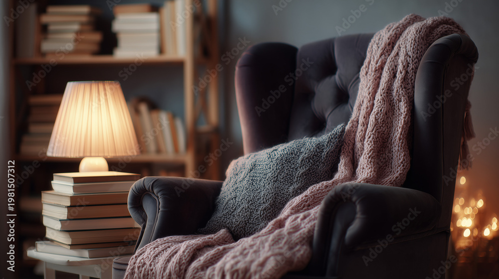 Obraz premium Cozy reading corner featuring a plush velvet armchair with a knitted throw blanket and soft pillow illuminated by a warm glowing table lamp on a stack of books in a quiet library home interi