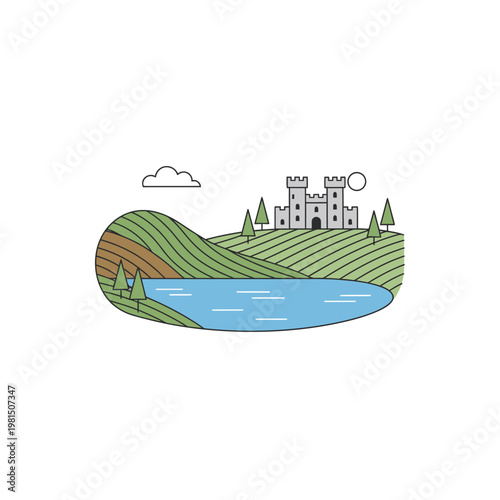 Medieval Castle on a Hilltop Overlooking a Lake.