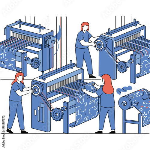 Textile Factory Workers Operating Looms.