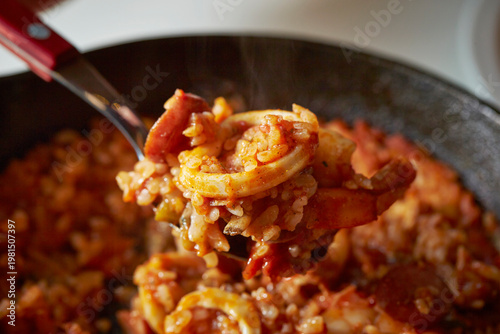 Seafood risotto in a pan