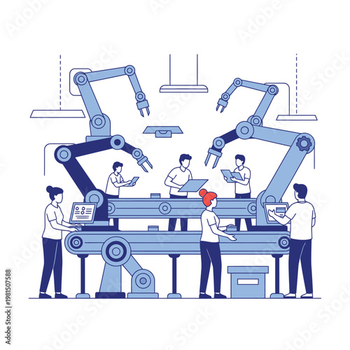 Modern Factory Automation with Robotic Arms and Human Workers.