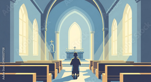 Man walks down aisle of empty church with blue pews and arched windows sunlight shining through