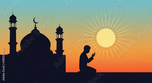 Silhouette of a man praying towards a mosque at sunset with a vibrant orange and blue sky