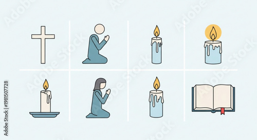 Religious icons set with cross praying figures candles and holy book on light background