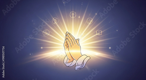 Praying hands with glowing light and religious symbols around representing faith and spirituality in a peaceful atmosphere