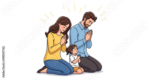 Family kneeling in prayer together hands clasped in devotion with a child between parents conveying love and spirituality
