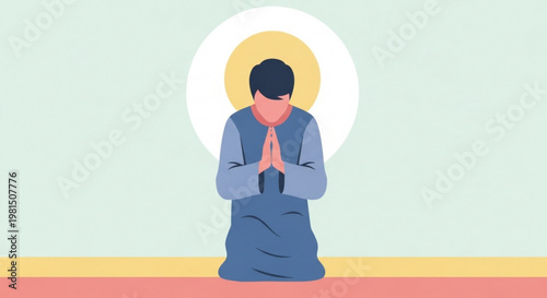 Man in blue robe meditating with hands clasped in prayer or contemplation on a colorful floor with a halo behind him