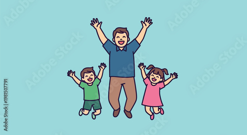 Joyful family jumping together with arms raised in excitement.