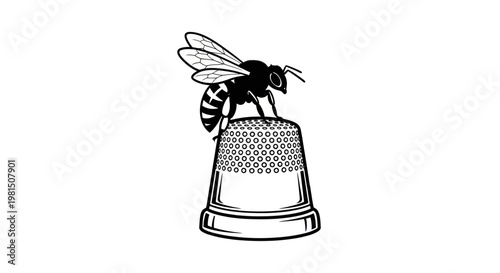 Bee Sitting on a Thimble, Sewing Accessory, Black and White Illustration