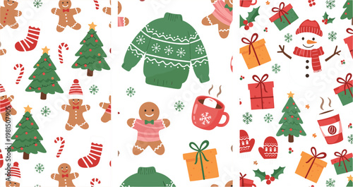 Christmas Seamless Pattern Set Featuring Gingerbread Cookies Sweater Snowman Gifts Coffee Cup and Festive Winter Holiday Elements
