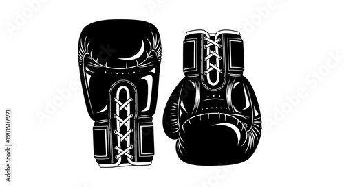 Black Boxing Gloves Isolated on White Background, Vintage Style Illustration