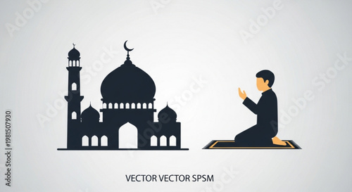 Man in prayer beside a mosque with a crescent moon on a simple background