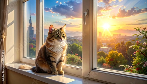 A cat sits on a windowsill, looking out at a cityscape during sunset